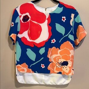 kate spade Floral Print Short Sleeve Blouse in Blue, Red, Orange, Green